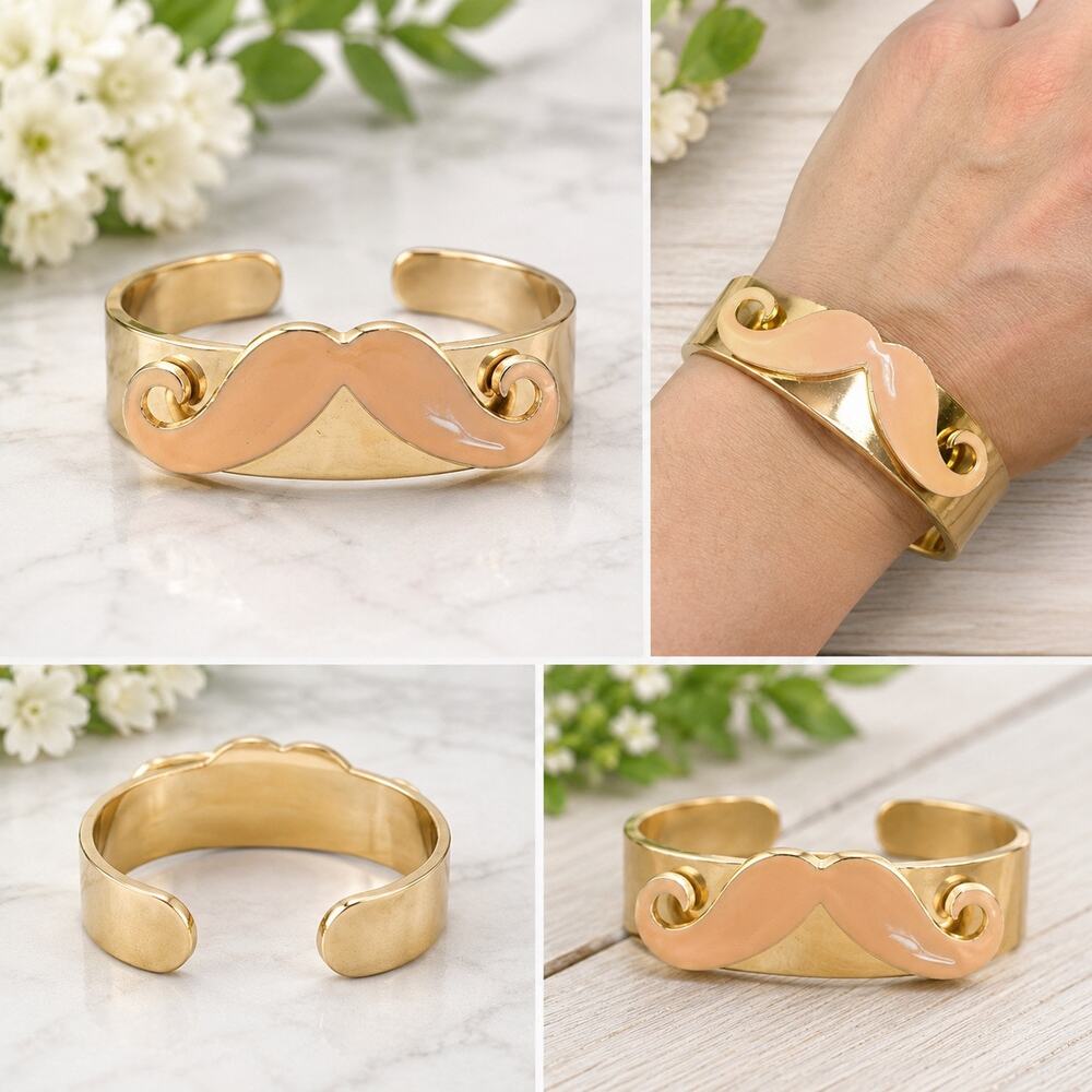 Gold Tone Peach Mustache Cuff Bracelet Nude Enamel Open Bangle Novelty Statement